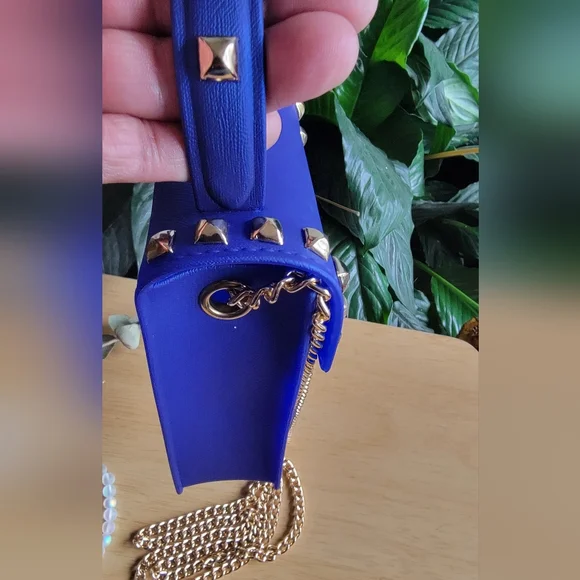 LA MIEL True Blue and Gold Studded Crossbody Bag & Rainbow Moonstone Bracelet. - Picture 6 of 12